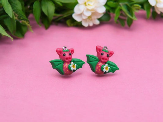 Kawaii pink strawberry bat charm / polymer clay holiday charms / clay charm jewelry / bat charm stitch marker progress keeper