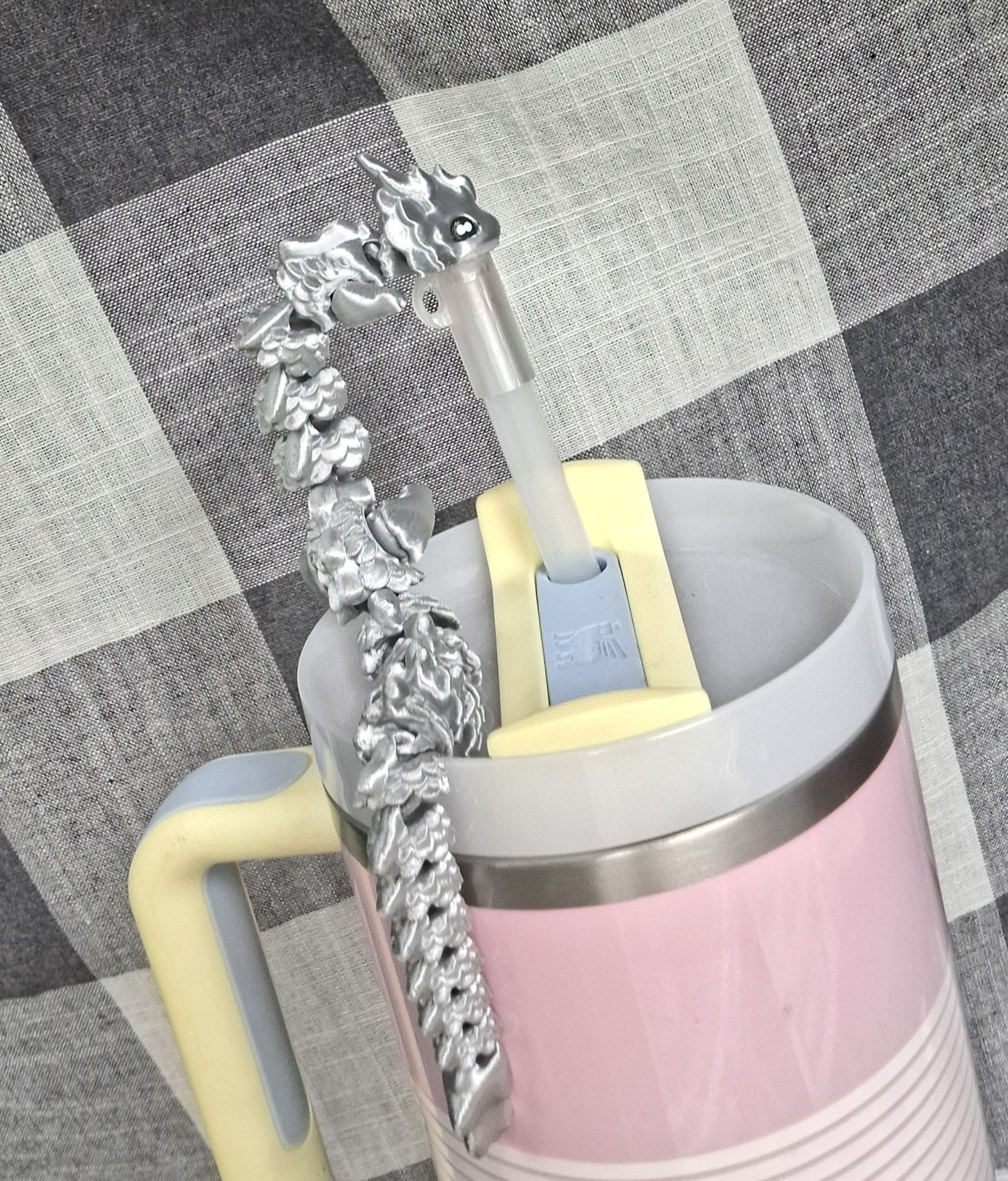 3D articulated metallic silver kaida dragon straw cap / 3d printed dragon animals / silver dragon straw topper cover Fidget figurines