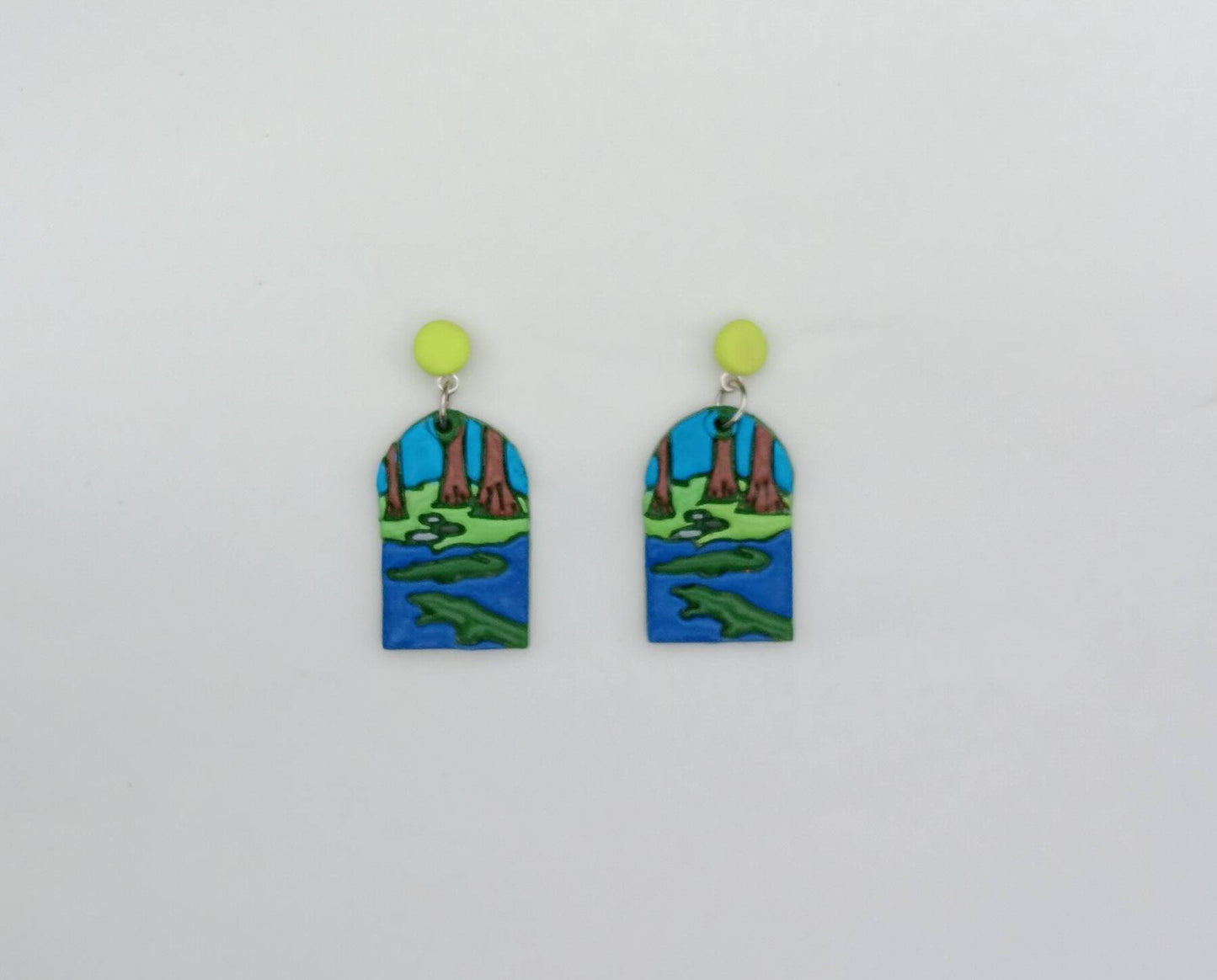 Kawaii alligator crocodile earrings / polymer clay everglades landscape dangle earrings / clay croc gator jewelry / landscape trees earrings