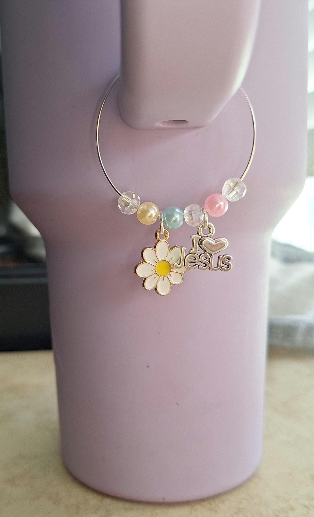 kawaii faux pearl floral cross cup handle charm tumbler accessories tumbler charm buddy / i love Jesus Christian faith tumbler handle charm