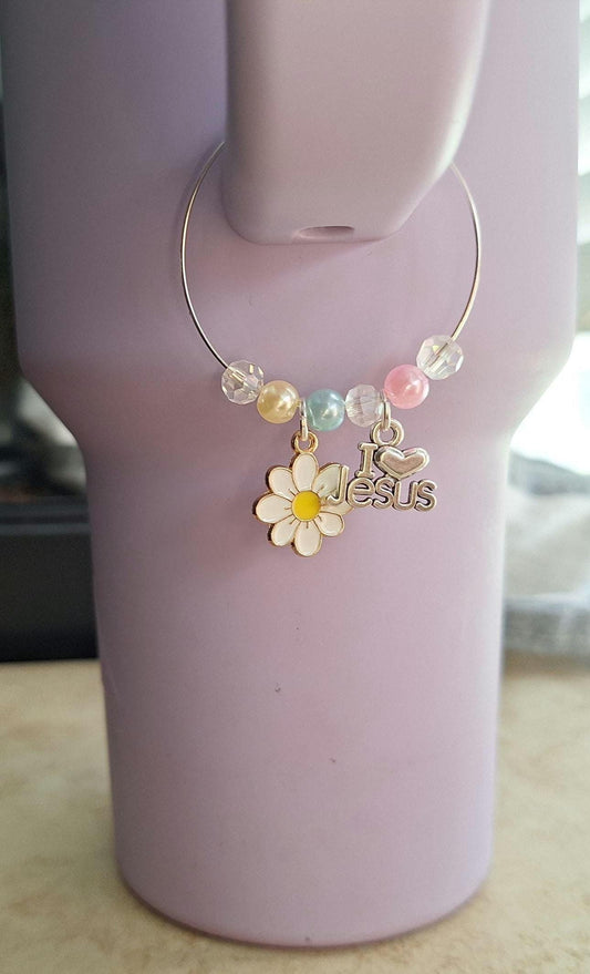 kawaii faux pearl floral cross cup handle charm tumbler accessories tumbler charm buddy / i love Jesus Christian faith tumbler handle charm