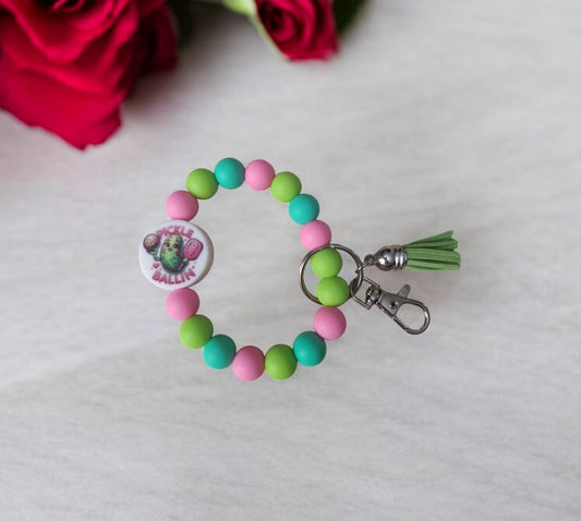 Silicone beaded wristlet keychain pickle ballin / pickle ball silicone beaded wristlet keychain / pickleball bag accessories key chain gift