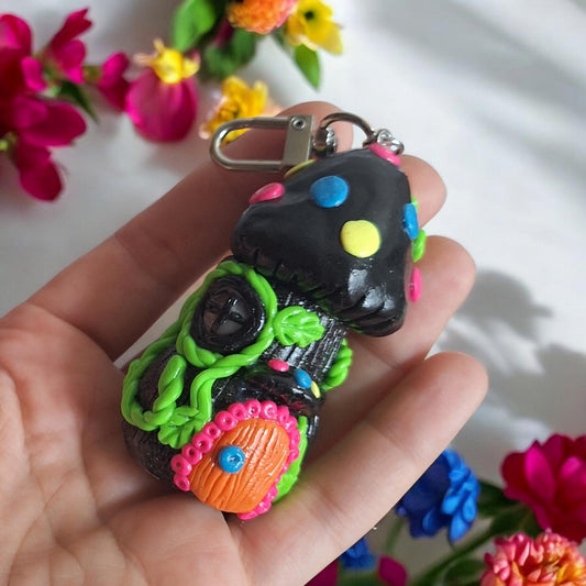 Polymer clay mushroom toadstool keychain jar / cottage core black and neon clay mushroom keychain / functional keychain / key chain gift