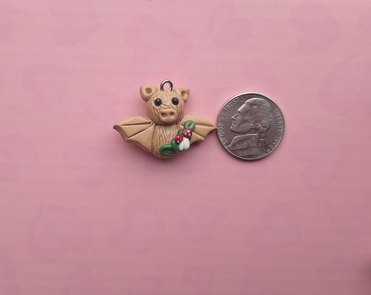 Kawaii cottage core toadstool mushroom bat charm / polymer clay holiday charms / clay charm jewelry / bat charm stitch marker progress keepe