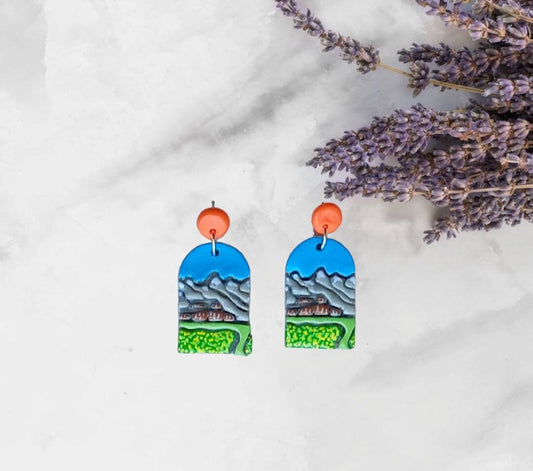 Kawaii landscape skyline earrings / polymer clay Grand Teton dangle earrings / clay grand teton jewelry / landscape trees earrings