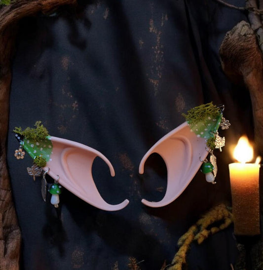 Green mushroom toadstool rubber fairy pixie elf ears / halloween costume accessory cosplay elf ears / painted elf ears with earrings