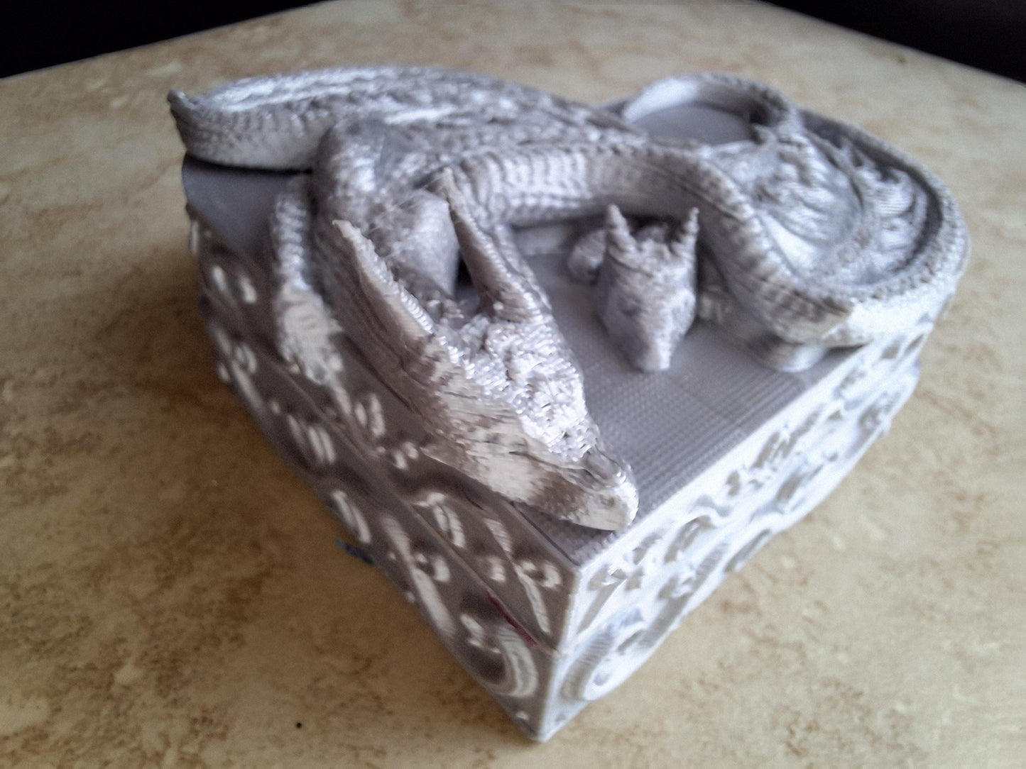 3D printed metallic silver dragon heart box / 3d dragon trinket jewelry box / 3d printed dragon knick knack organizer box
