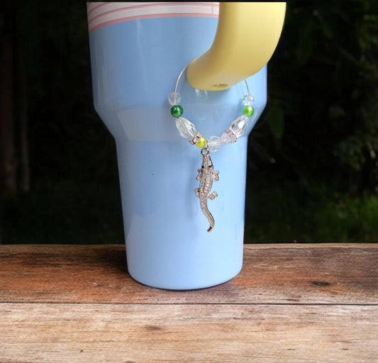 kawaii faux pearl green gator handle charm tumbler accessories / tumbler charm buddy / silvertone crocodile alligator tumbler handle charm
