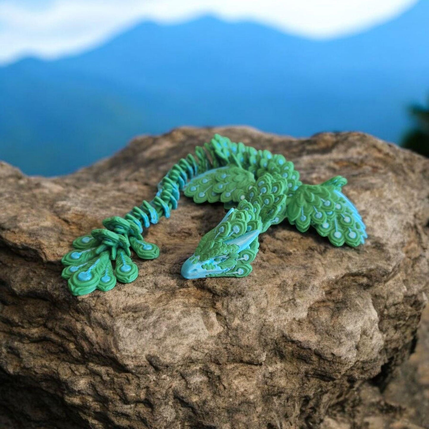 3D articulated silky teal green peacock dragon / 3d printed dragon animals / Peacock bird dragon knick knack Fidget figurines keychain