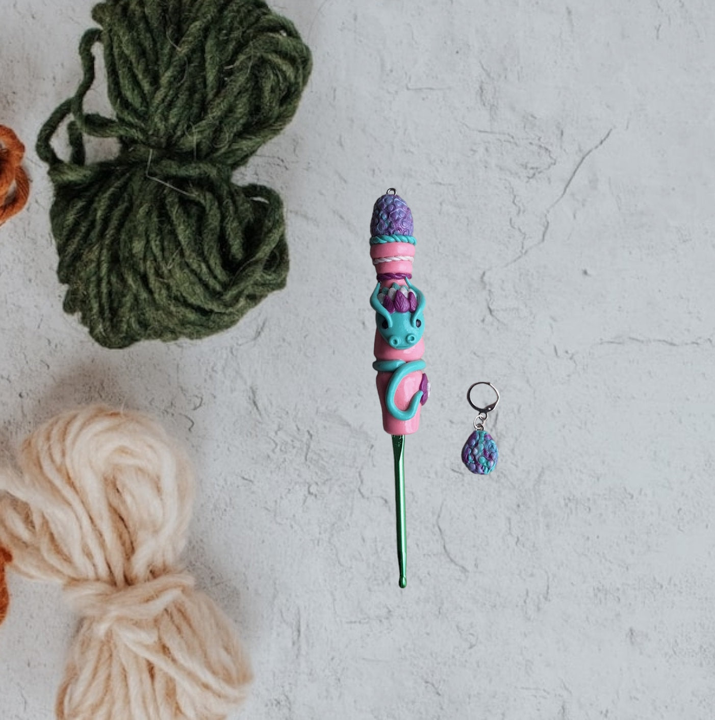 Polymer clay pink purple teal dragon egg crochet hook