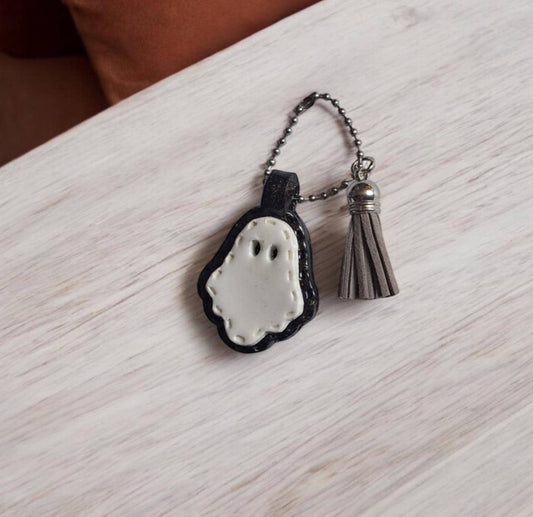 Polymer clay ghost faux leather look stitch style keychain / cute clay boo ghost halloween bag accessories spooky key chain