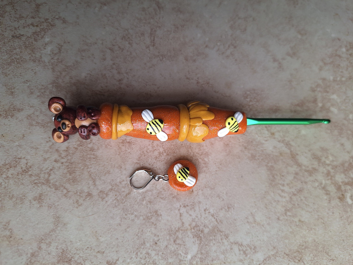 Polymer clay honey bee bear crochet hook with stitch marker