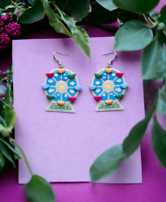 Kawaii ferris wheel earrings / polymer clay dangle earrings / clay fair ride ferris wheel jewelry / clay carnival fair earrings