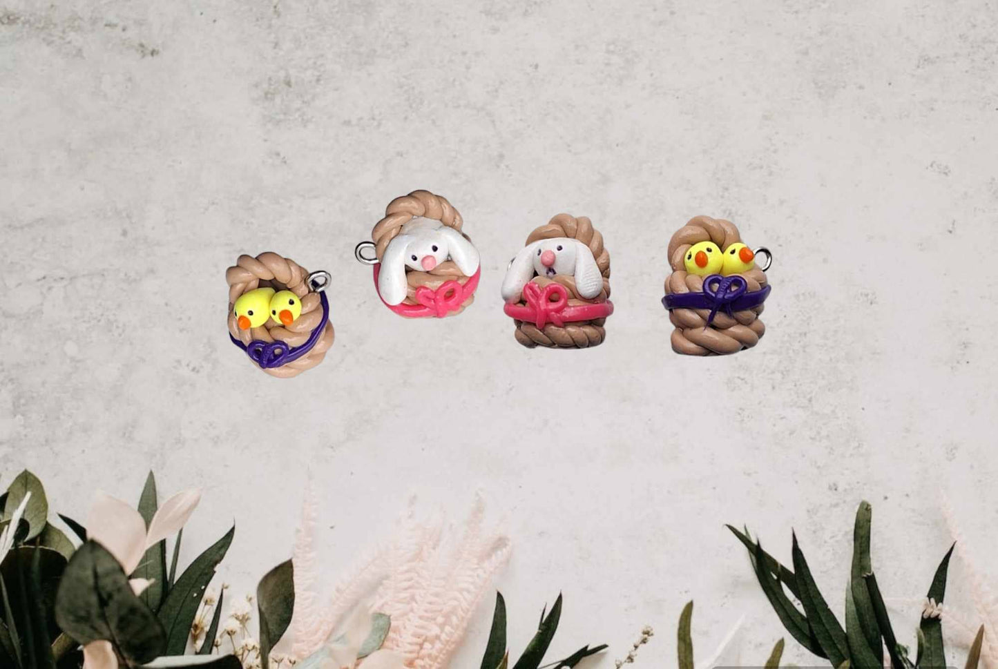 Kawaii chics in basket charms / polymer clay baby chicken charms / bunny in basket easter charms / kawaii chic bunny jewelry stitch marker