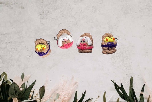 Kawaii chics in basket charms / polymer clay baby chicken charms / bunny in basket easter charms / kawaii chic bunny jewelry stitch marker