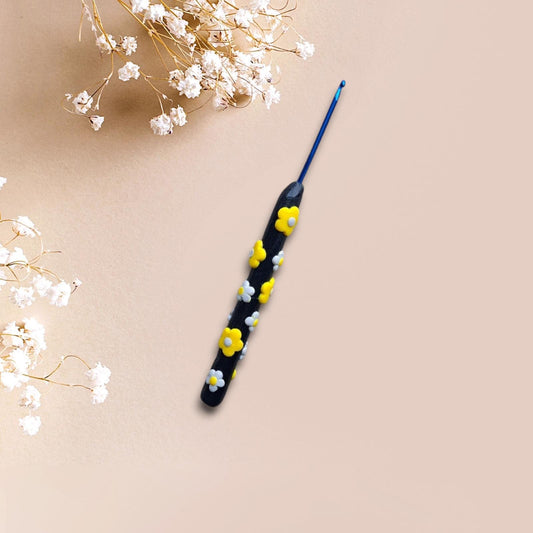 Polymer clay black yellow white daisy crochet hook