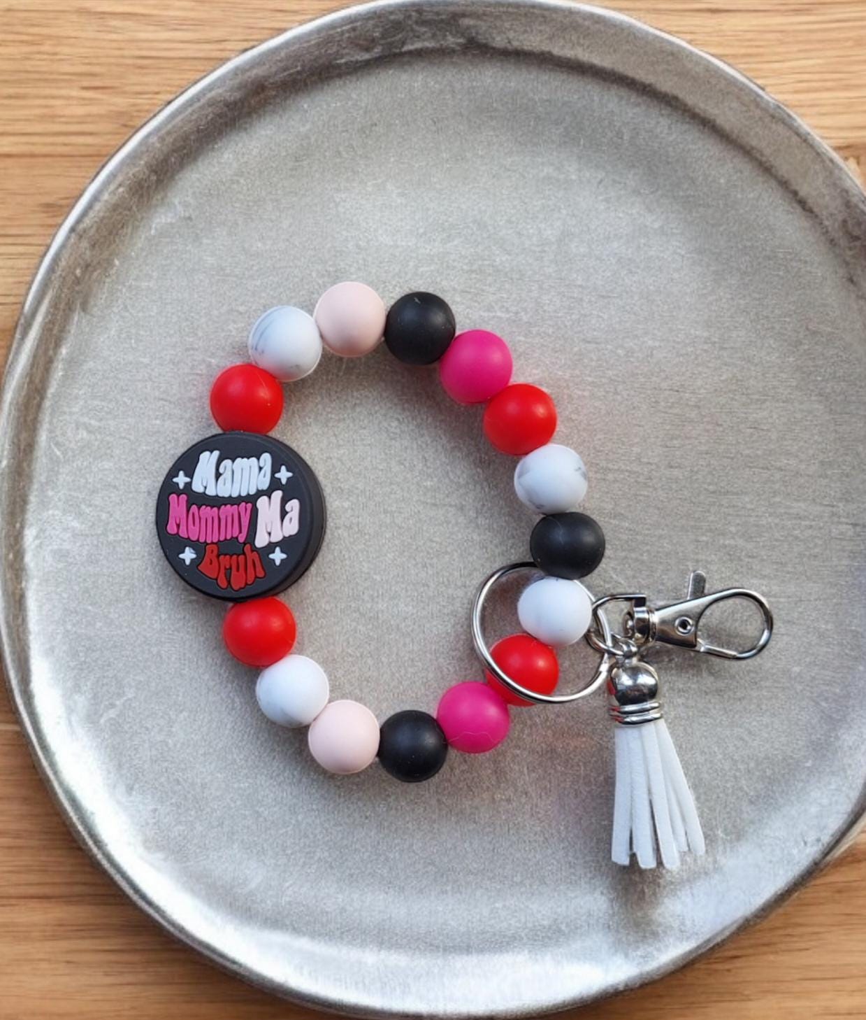 Silicone beaded wristlet keychain mom mommy ma bruh beaded wristlet keychain / mom bag accessories key chain