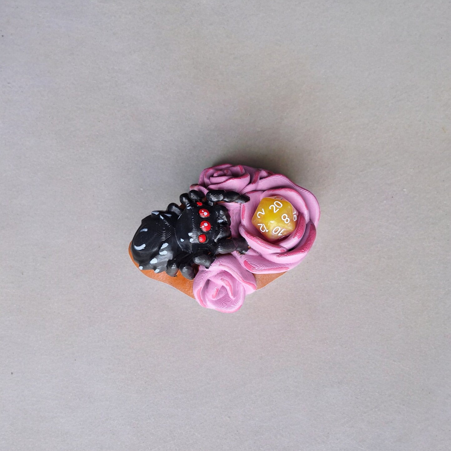 3D printed and painted rose and spider dice holder / 3d spider pink rose dice holder display / 3d printed d20 dice tower holder