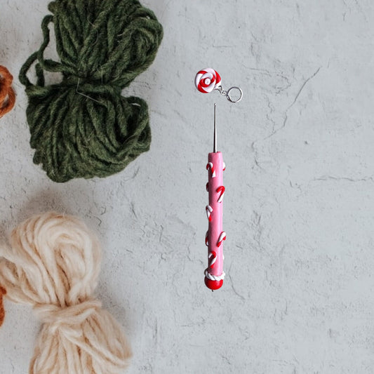 Polymer pink peppermint candy Christmas holiday crochet hook