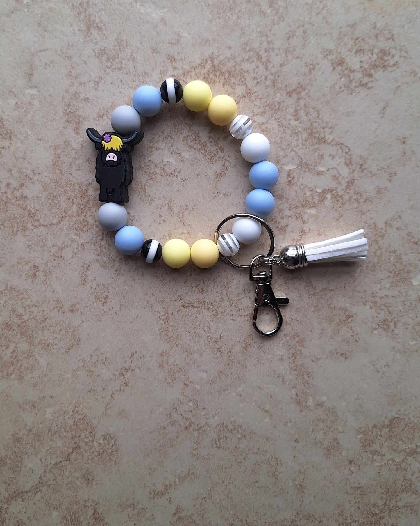 Silicone beaded wristlet keychain / tan brown highland cow silicone beaded wristlet keychain / floral cow bag accessory key chain gift