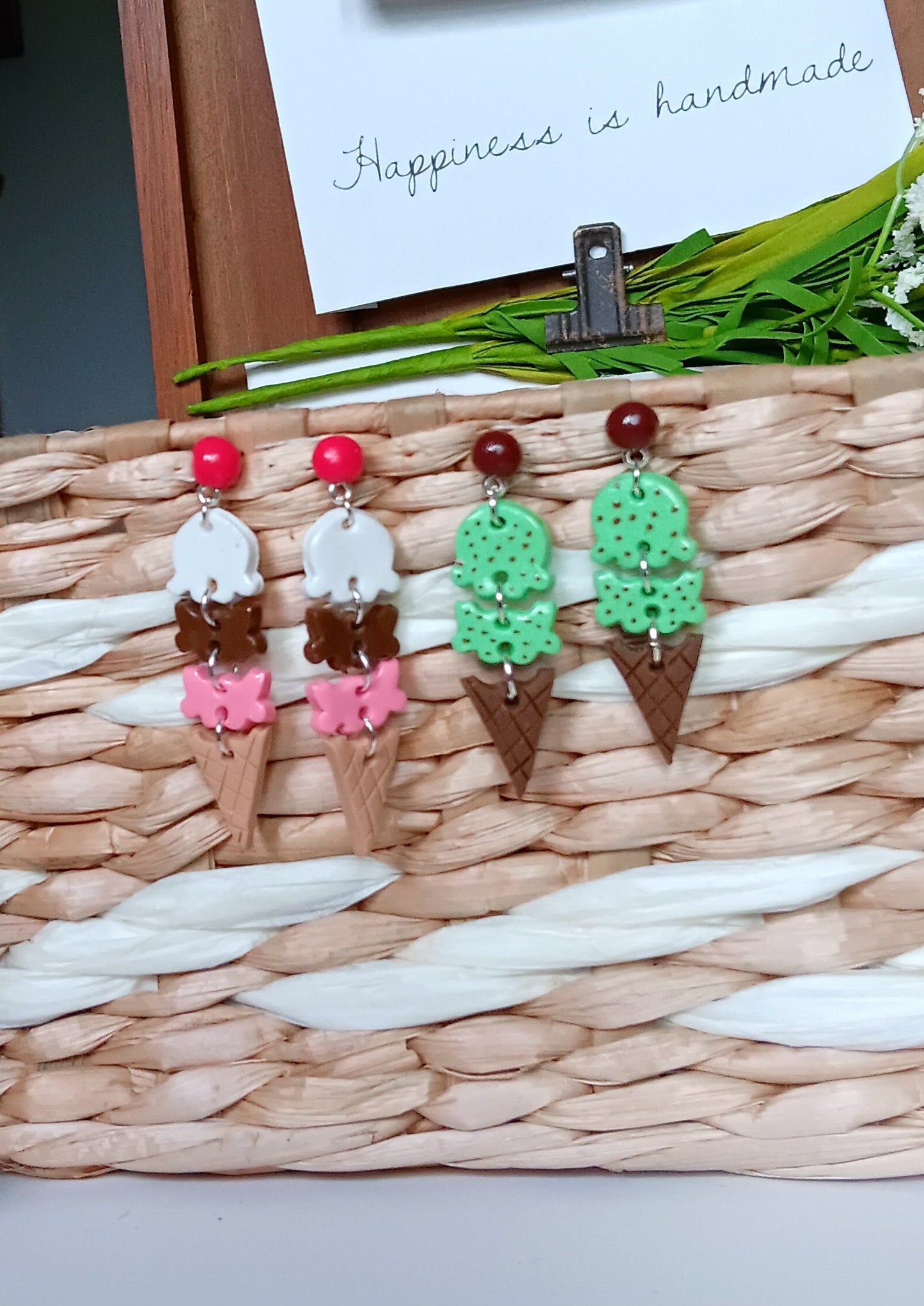 Kawaii ice cream scoop cone earrings / polymer clay ice cream dangle earrings / clay food jewelry / clay neopolitan ice cream earrings
