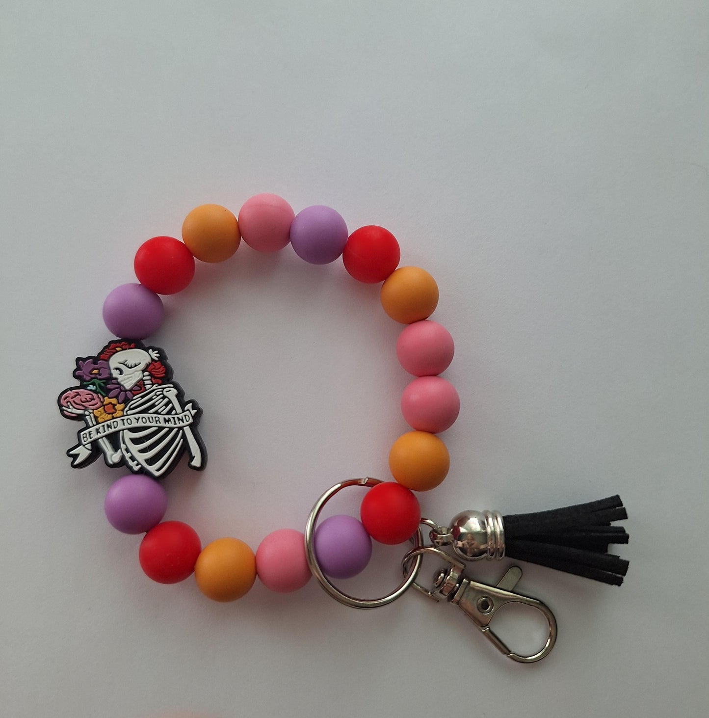Silicone beaded wristlet keychain / be kind to your mind beaded wristlet keychain / floral skeleton bag accessories key chain