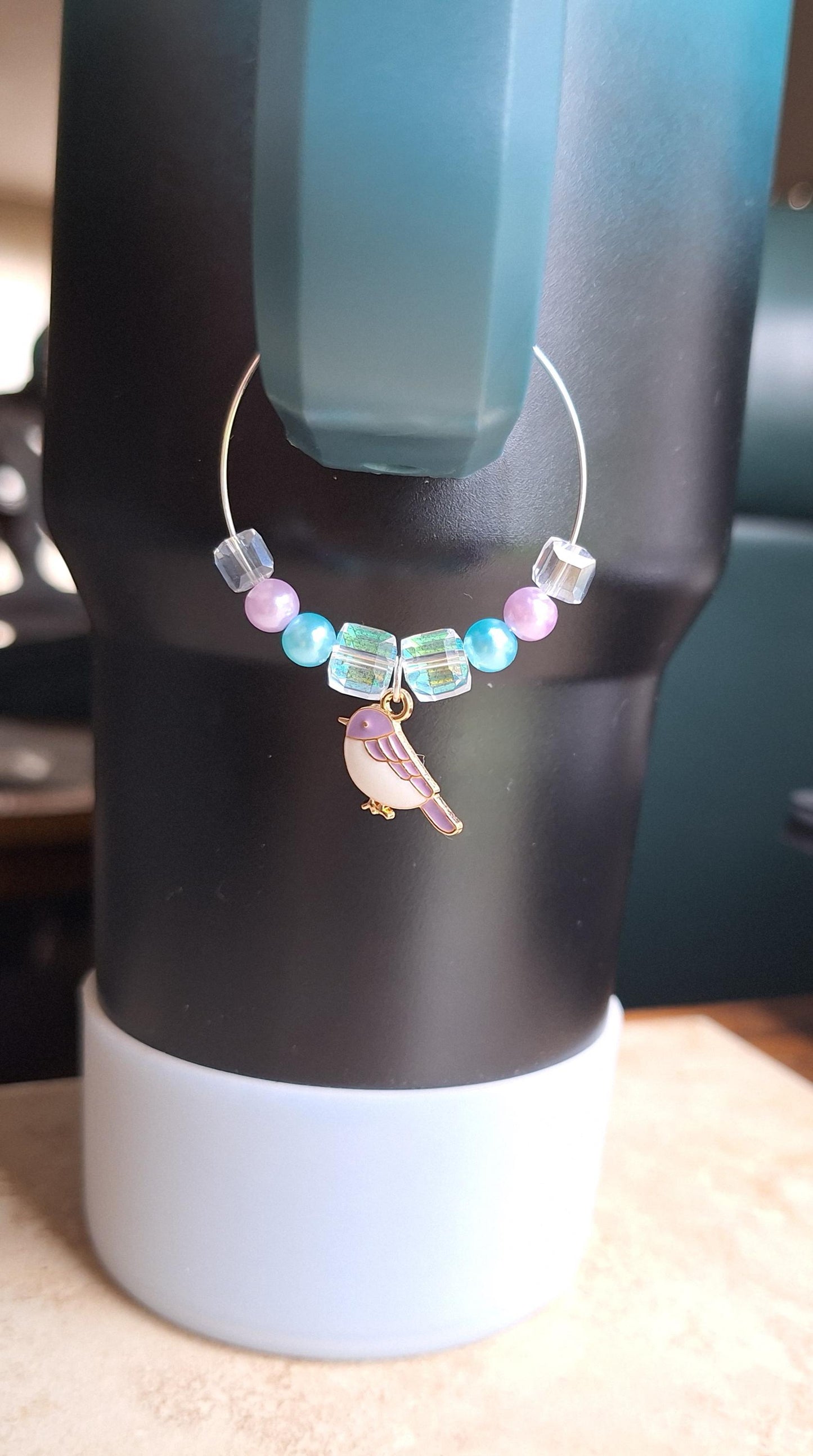 kawaii faux pearl teal purple bird handle charm tumbler accessories / tumbler charm buddy / enamel bird tumbler handle charm