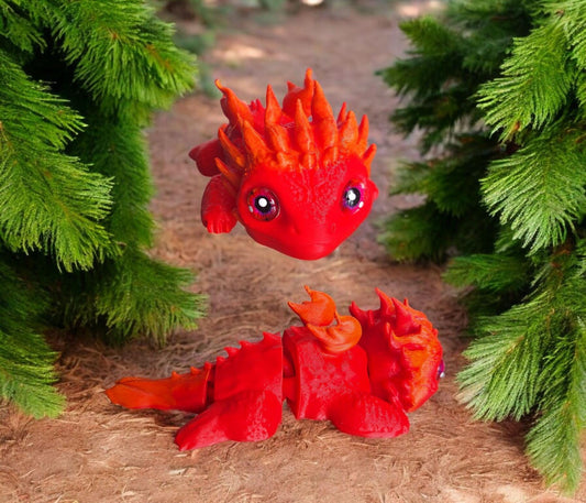 3D articulated printed and painted orange red baby fire dragon / 3d printed baby dragon / 3d printed desk pet figurine fidget Serev3d design