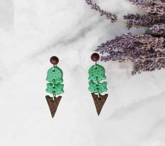 Kawaii ice cream scoop cone earrings / polymer clay ice cream dangle earrings / clay food jewelry / clay neopolitan ice cream earrings