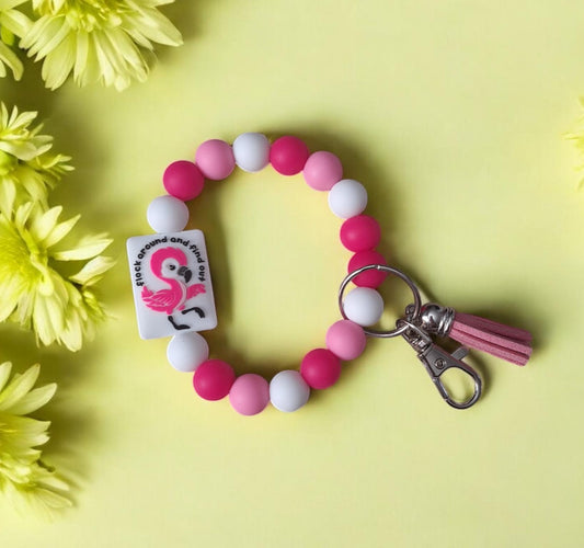 Silicone beaded wristlet keychain pink flamingo / flock around silicone beaded wristlet keychain / flamingo bag accessories key chain gift