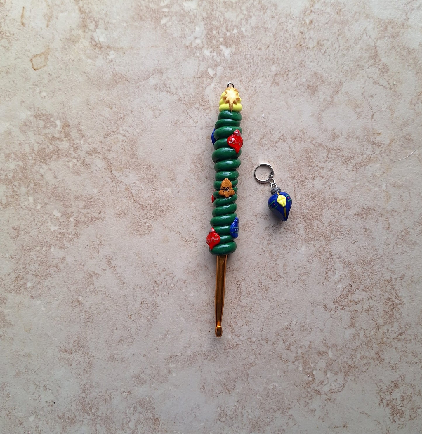Polymer swirl tree Christmas holiday crochet hook with stitch marker
