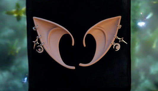 Celestial moon and stars rubber fairy pixie elf ears / halloween costume accessory cosplay elf ears / painted elf ears with earrings