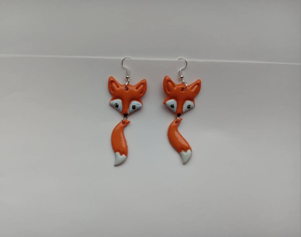 Kawaii fox and tail earrings / polymer red fox dangle earrings / clay fox jewelry / clay red orange fox earrings