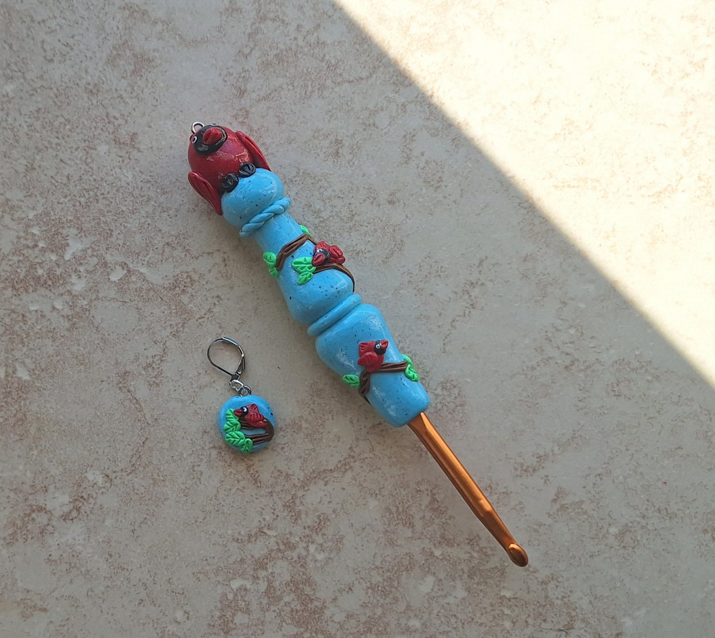 Polymer clay cardinal bird on turquoise clay crochet hook