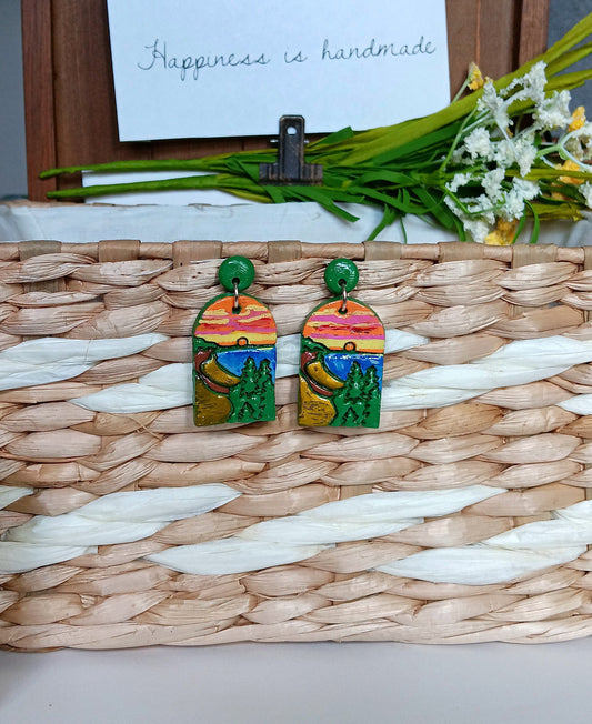 Kawaii landscape skyline earrings / polymer clay Indiana dunes dangle earrings / clay Indiana Dunes jewelry / landscape trees earrings