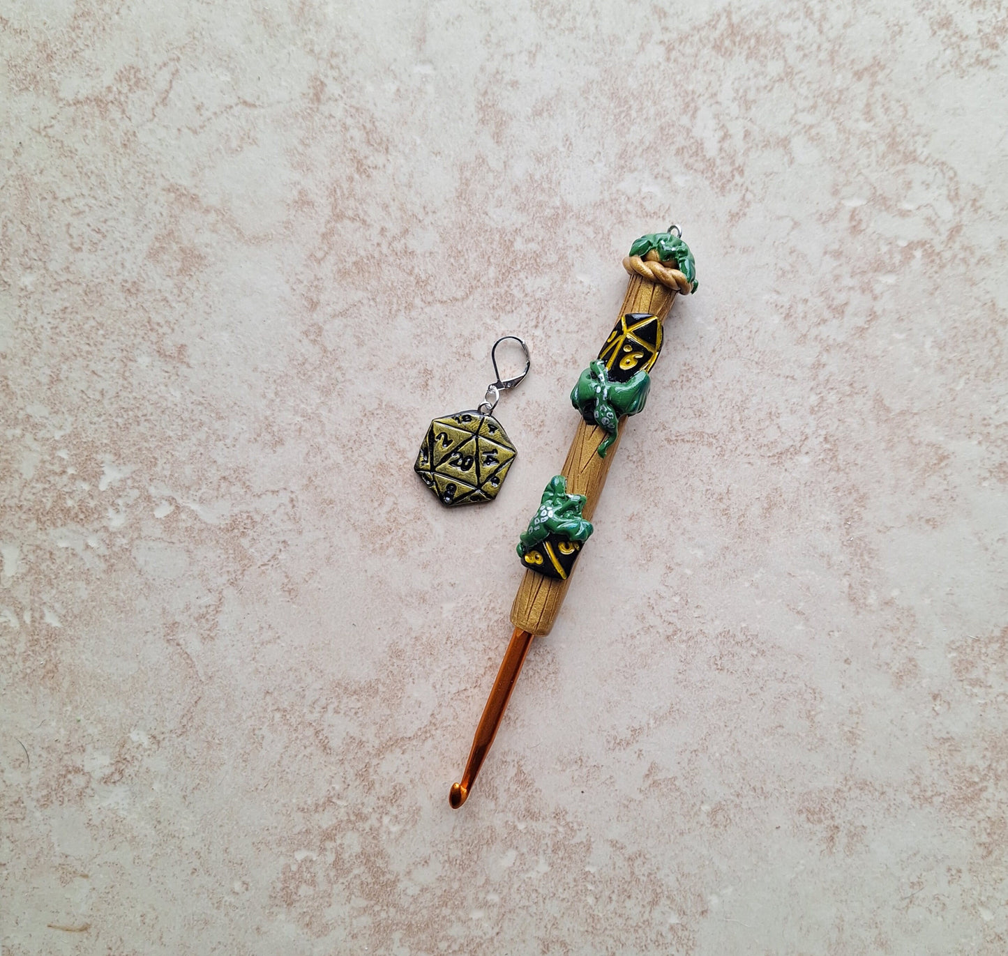 Polymer clay gold black dice d20 dragon crochet hook