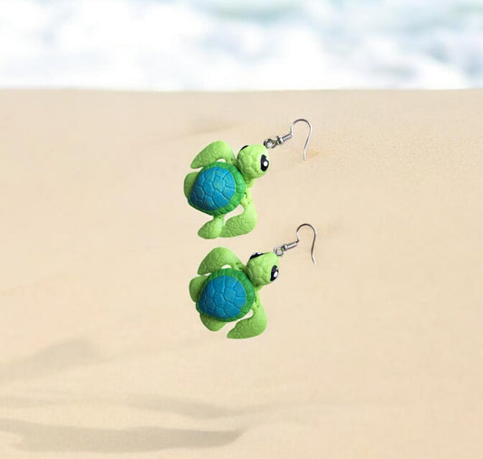 3D articulated green teal sea turtle earrings jewelry / 3d printed turtle animal ocean beach turtle dangle earrings Fidget