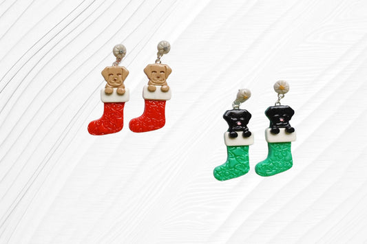 Polymer clay cat puppy dog stocking earrings / polymer clay puppy dog holiday earrings / christmas holiday winter jewelry