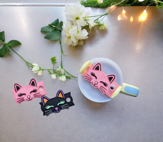 3D printed kitty cat straw tumbler topper accessories / cat face tumbler topper straw tag / pink black cat tumbler accessories for stanley