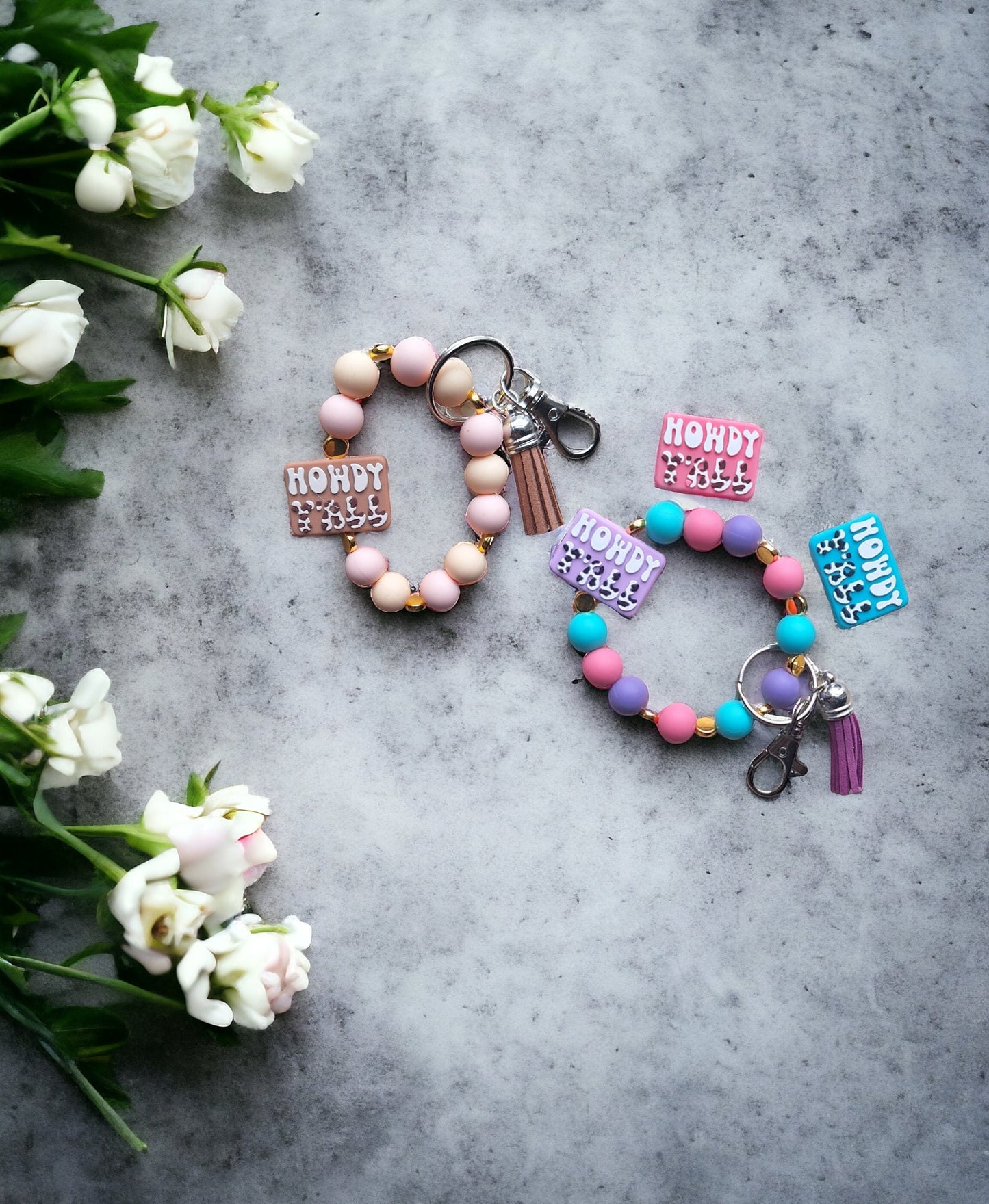 Silicone beaded wristlet keychain / howdy yall silicone beaded wristlet cow keychain / howdy yall cowprint bag accessories key chain gift
