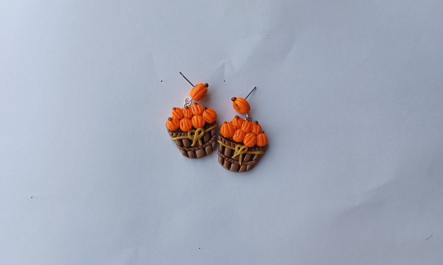 Kawaii pumpkin earrings / polymer clay pumpkin orchard basket stud dangle earrings / kawaii pumpkin fall jewelry / clay autumn earrings