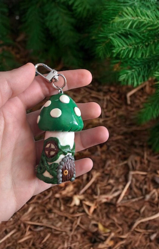 Polymer clay mushroom toadstool keychain jar / cottage core green clay mushroom keychain / functional keychain / key chain gift