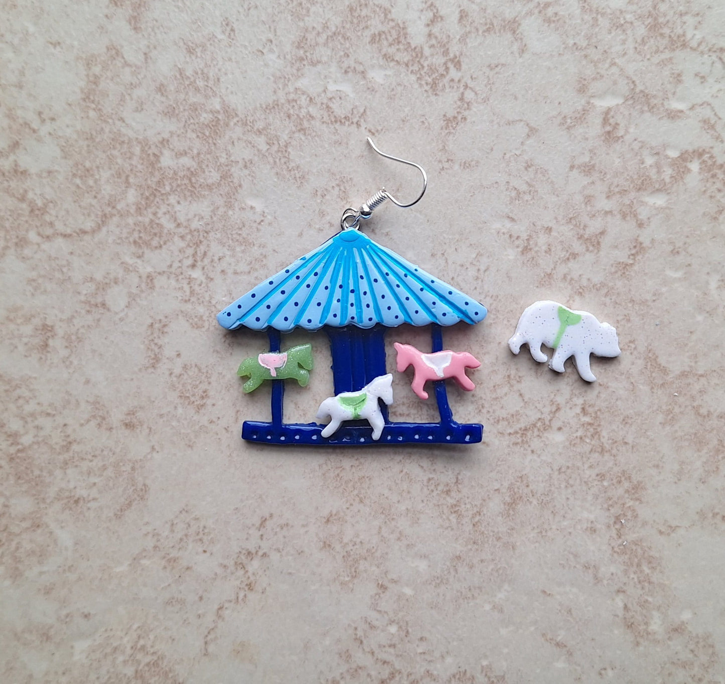 Kawaii bear horse carousel earrings / polymer clay dangle earrings / clay merry go round carousel jewelry / clay carnival fair earrings