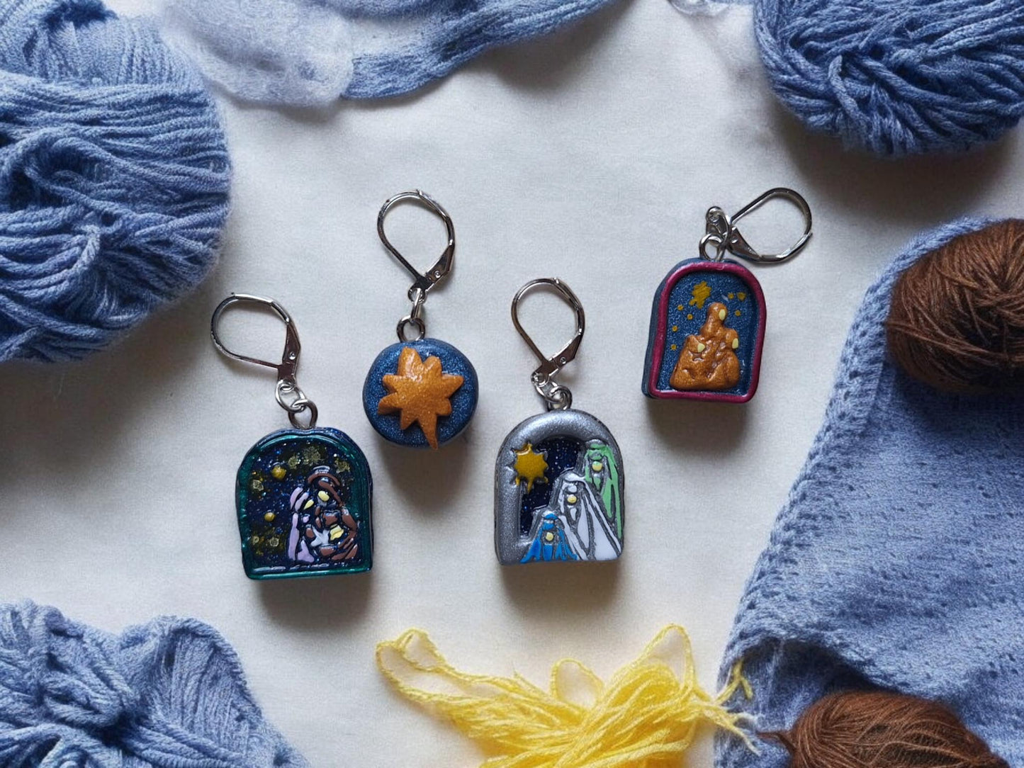 Stitch markers set 4 christmas wise men and manger scenes stitch markers / religious holiday progress keepers