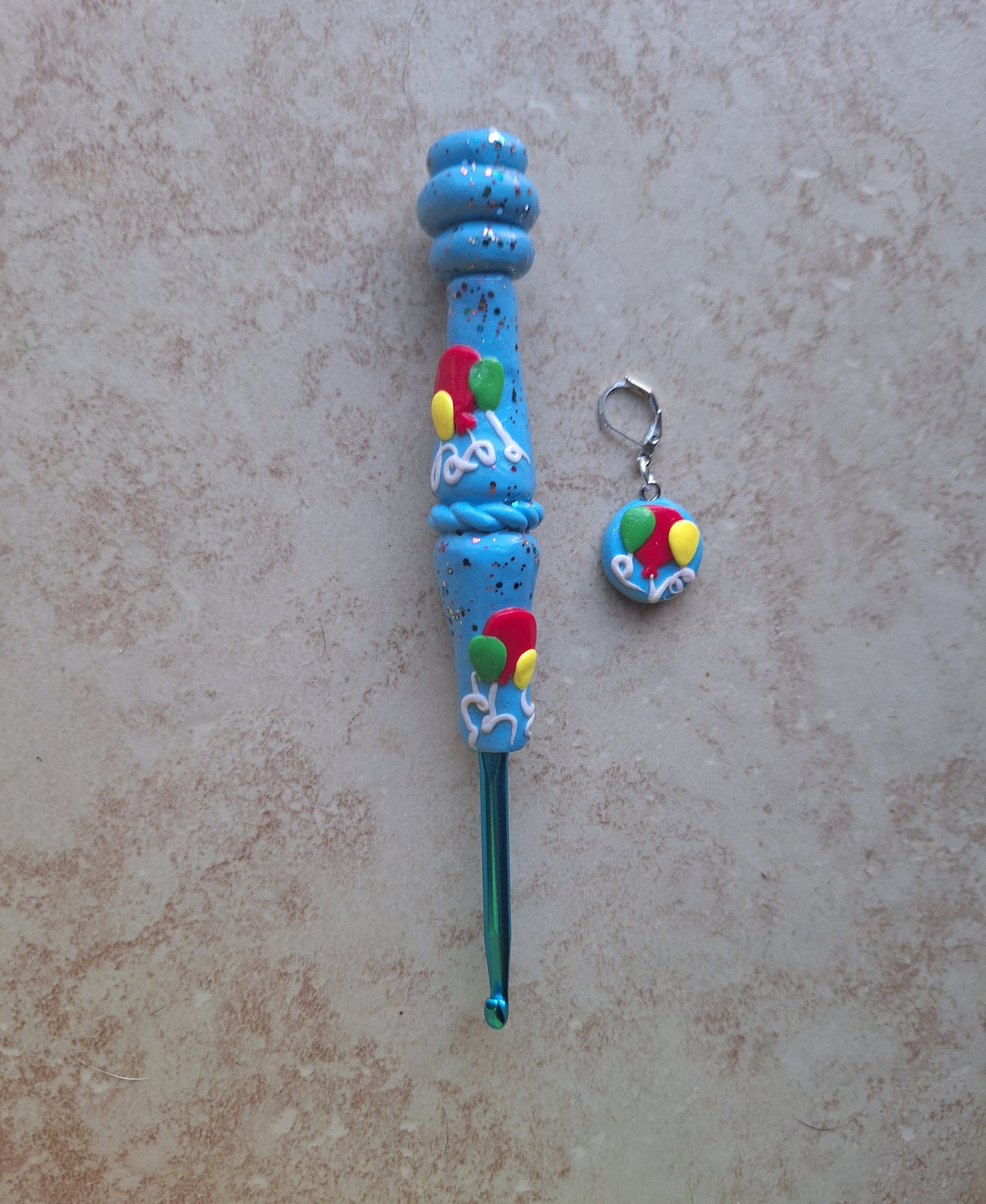 Polymer clay colorful balloons crochet hook with stitch marker
