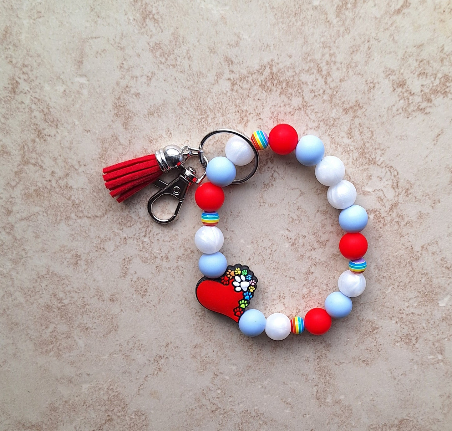 Silicone beaded wristlet keychain / dog mom rainbow pawprint silicone beaded wristlet keychain / heart paw bag accessories key chain gift