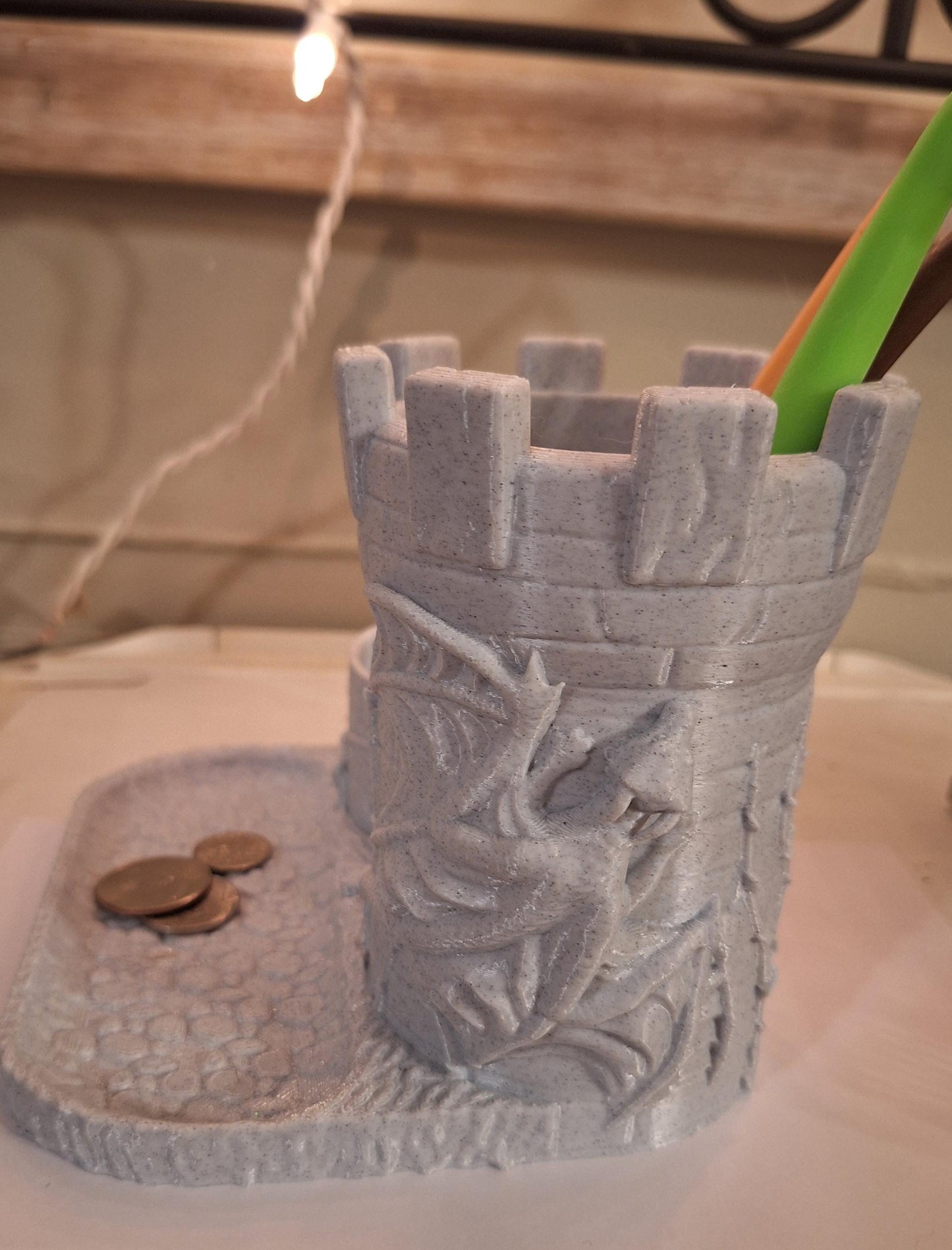 3D printed dragon castle desk organizer / dragon pen utensil holder / 3d printed tabletop work supply holder desk accessories