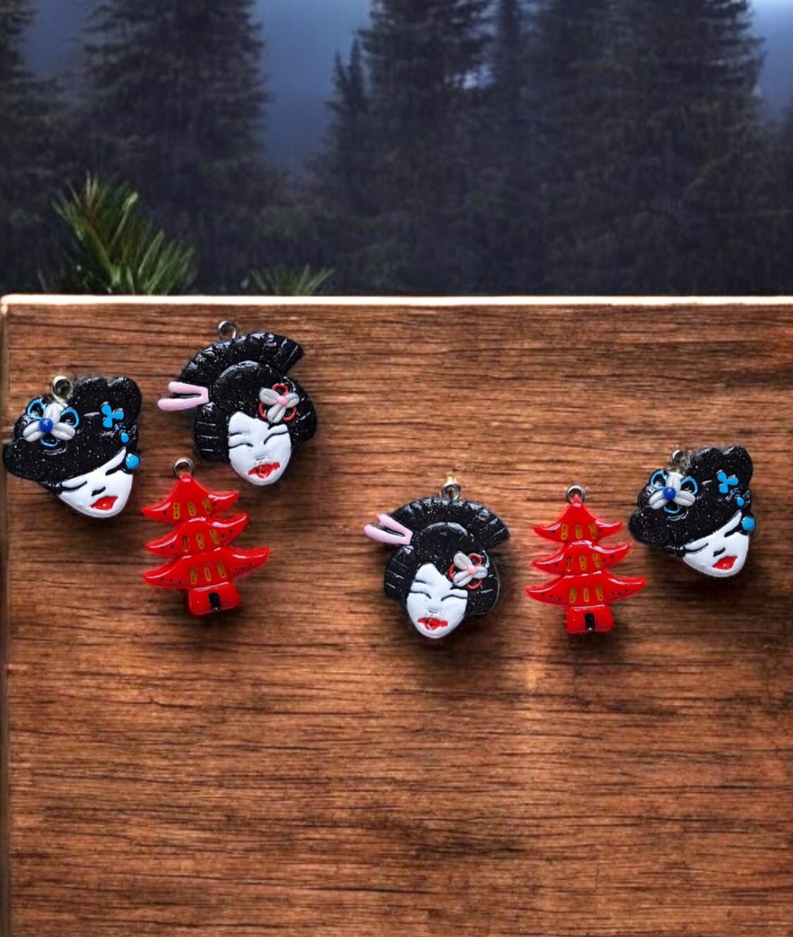 Kawaii floral geisha charm / polymer clay oriental sakura geisha charm / Japanese pagoda style charm jewelry stitchmarker progress keeper