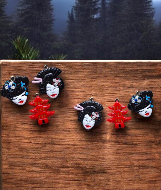 Kawaii floral geisha charm / polymer clay oriental sakura geisha charm / Japanese pagoda style charm jewelry stitchmarker progress keeper