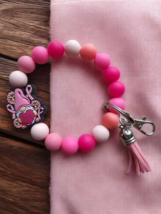 Silicone beaded wristlet keychain / breast cancer awareness ribbon silicone beaded wristlet keychain / gnome bag accessories key chain